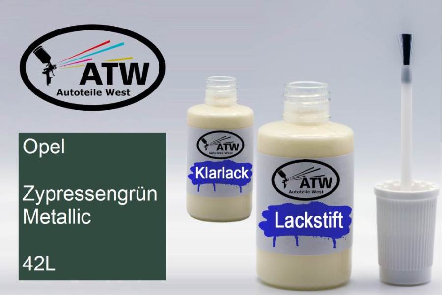 Opel, Zypressengrün Metallic, 42L: 20ml Lackstift + 20ml Klarlack - Set, von ATW Autoteile West.